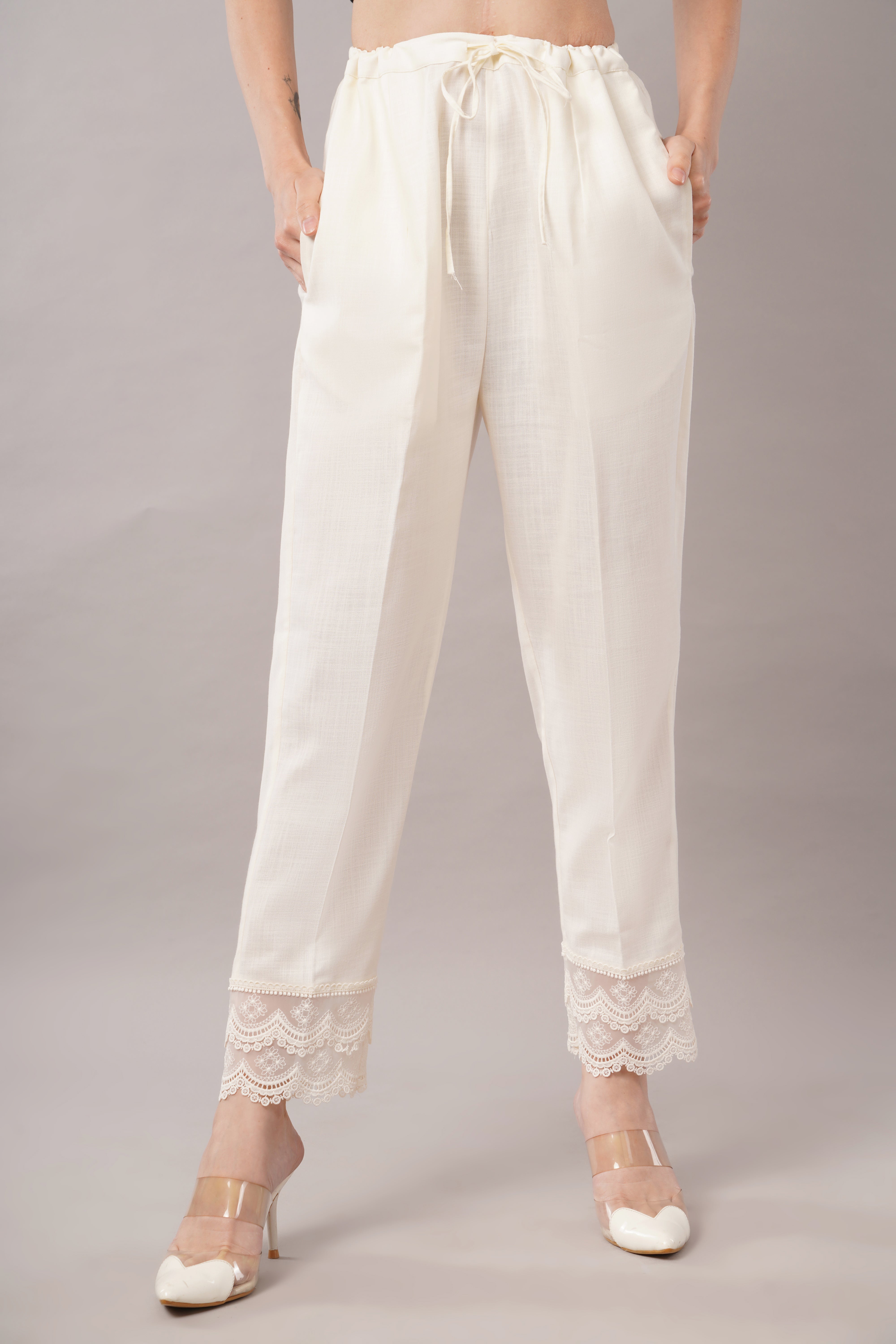 Lace Edge Pencil Pants-White Color