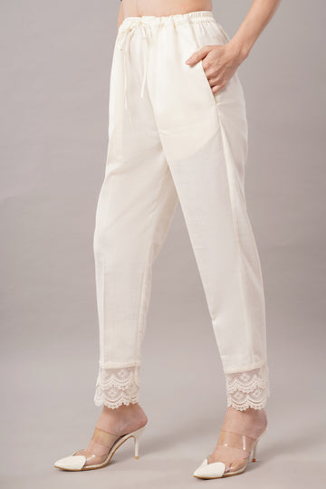 Lace Edge Pencil Pants-White Color
