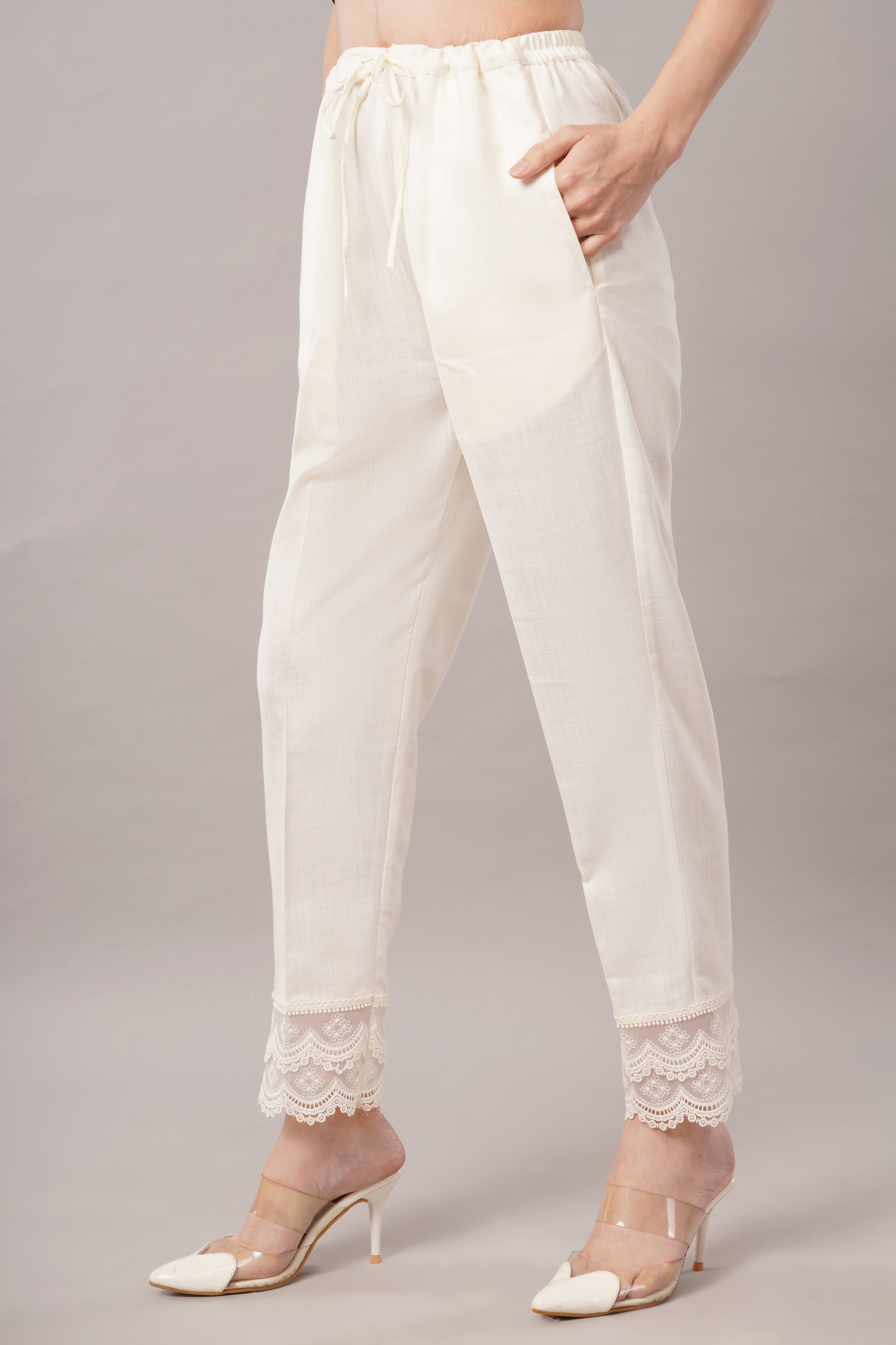 Lace Edge Pencil Pants-White Color