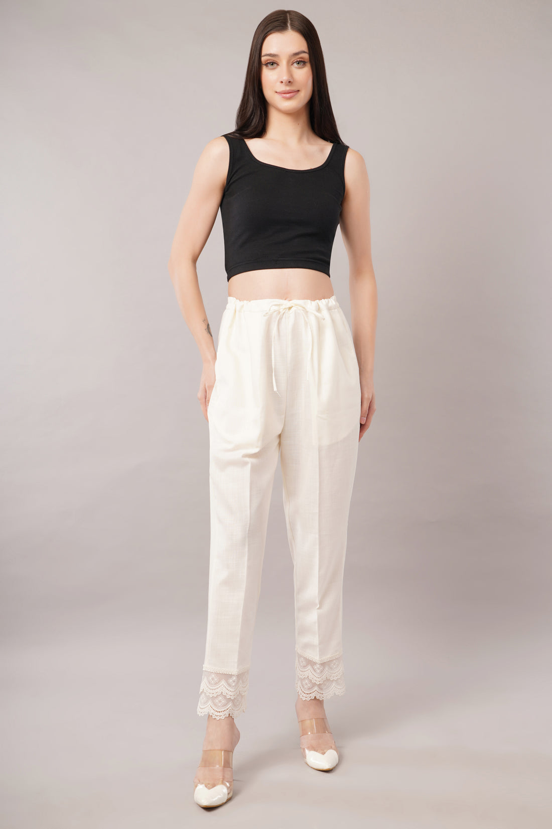 Lace Edge Pencil Pants-White Color