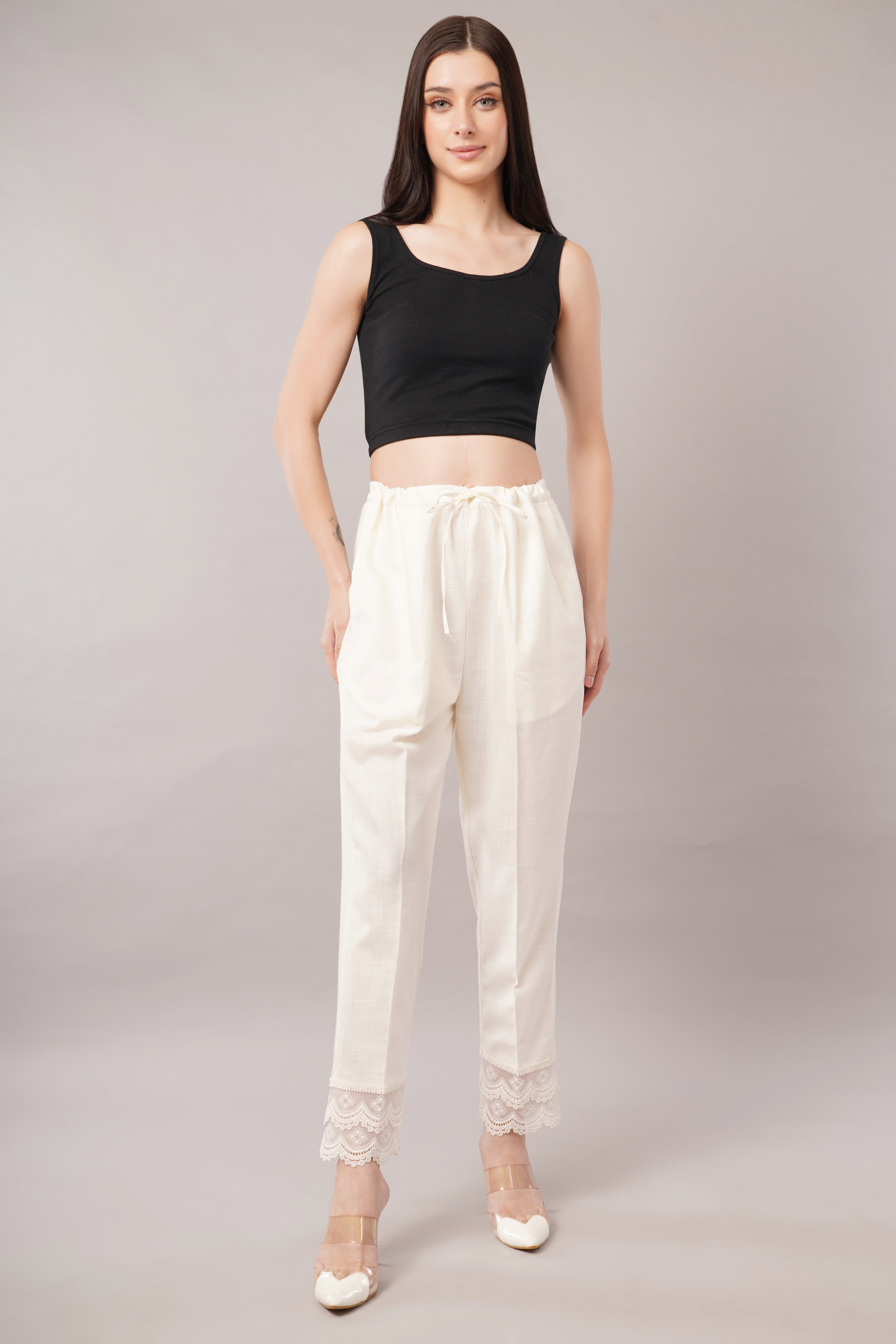 Lace Edge Pencil Pants-White Color