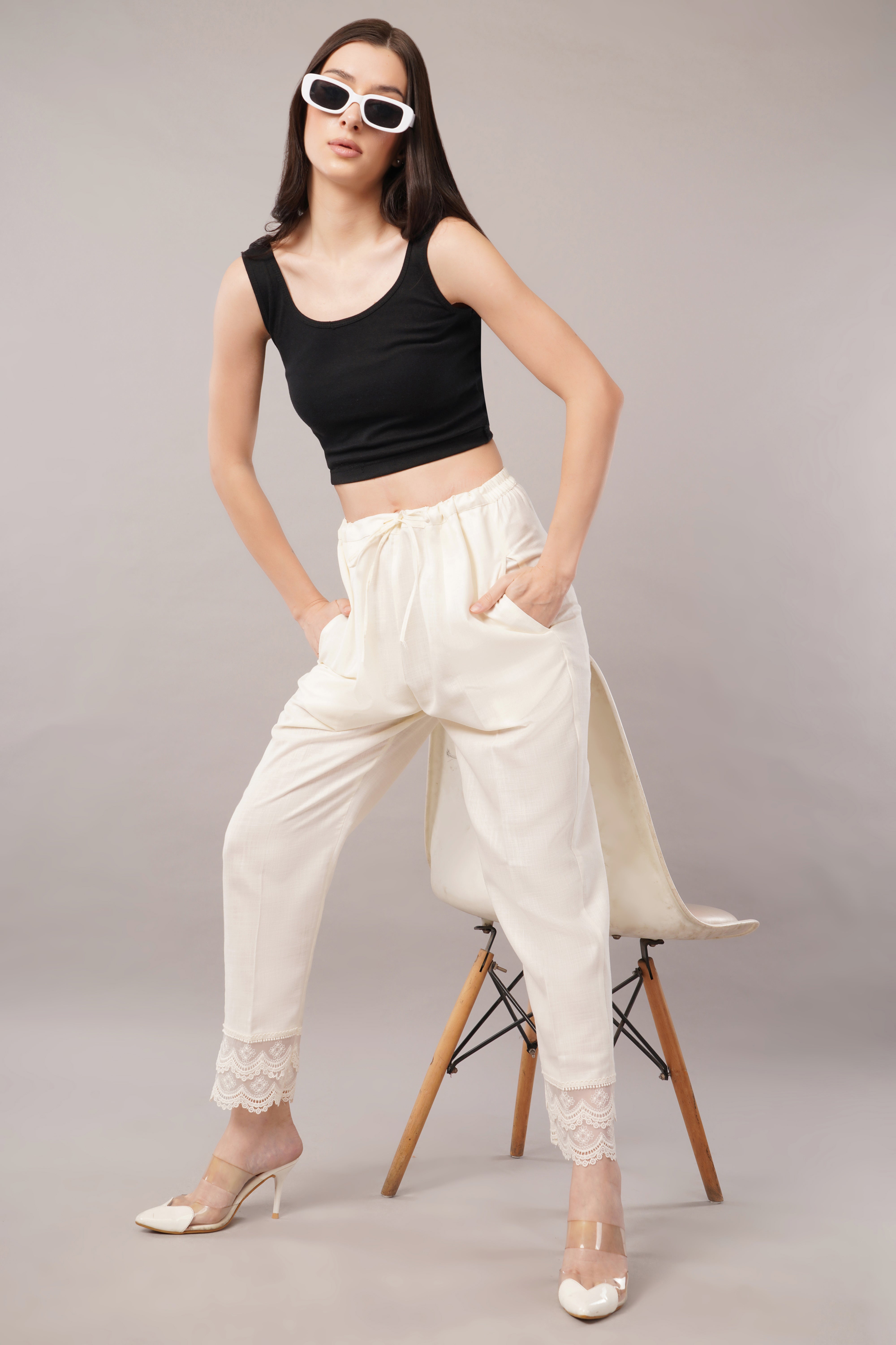 Lace Edge Pencil Pants-White Color
