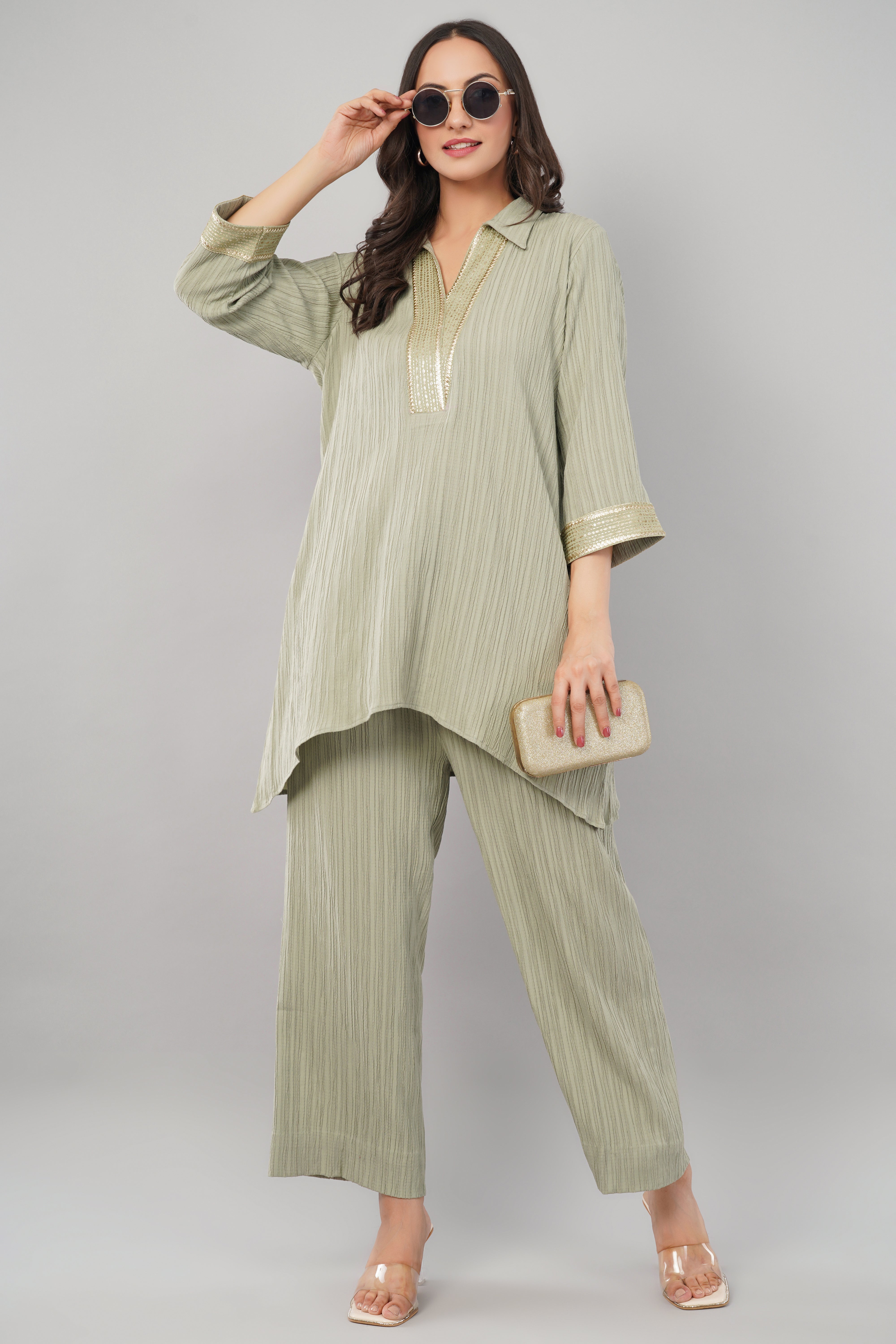 Sap Green Crinkled Cord set