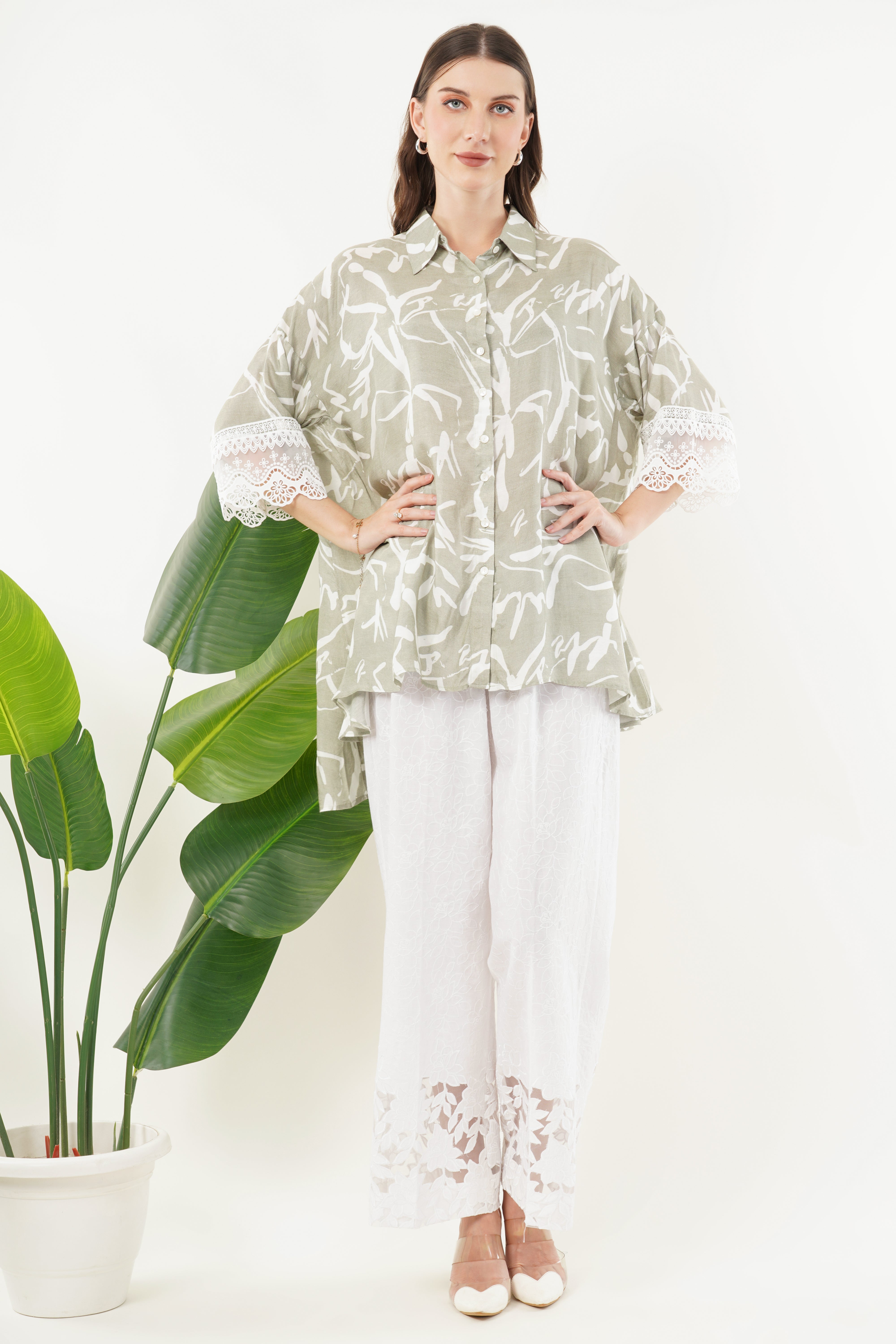 Olive Green Ivory Kaftan Top
