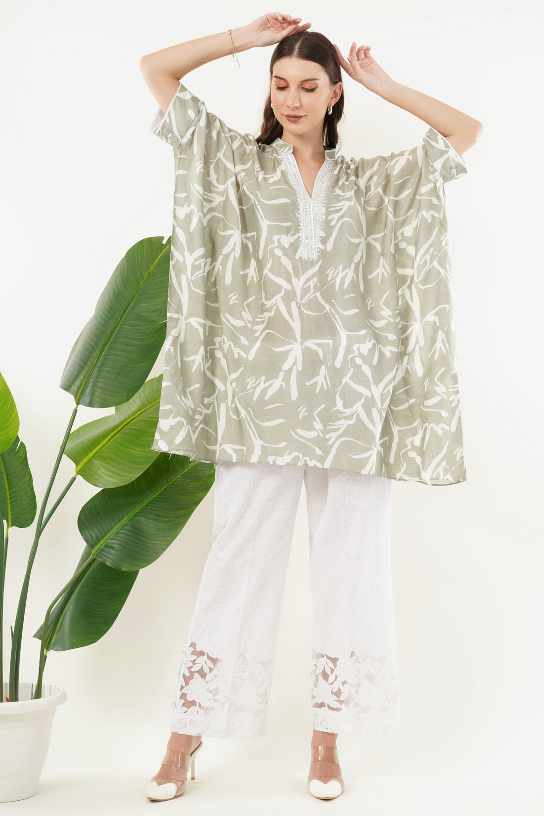 Olive Green Ivory Kaftan Top