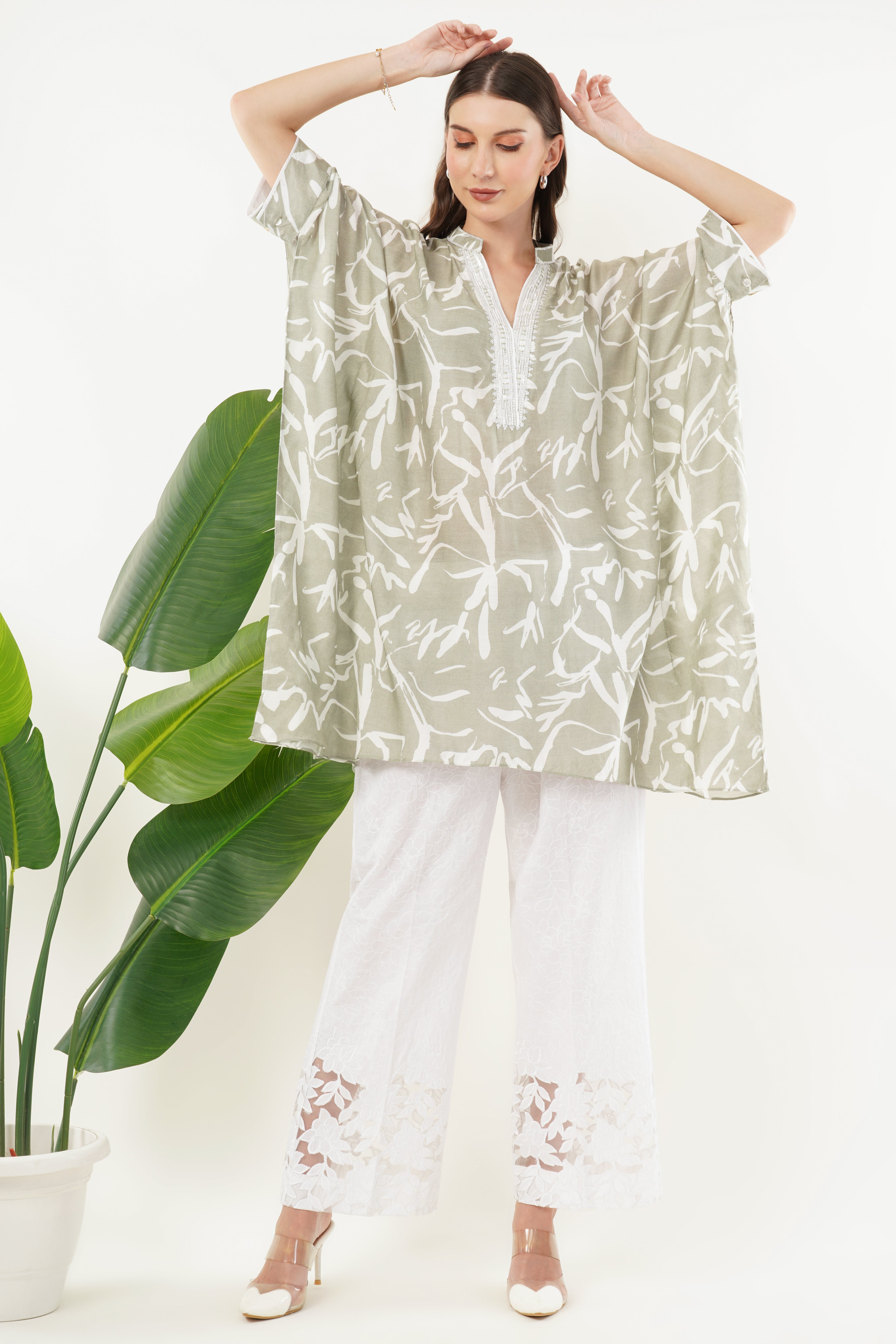 Olive Green Ivory Kaftan Top