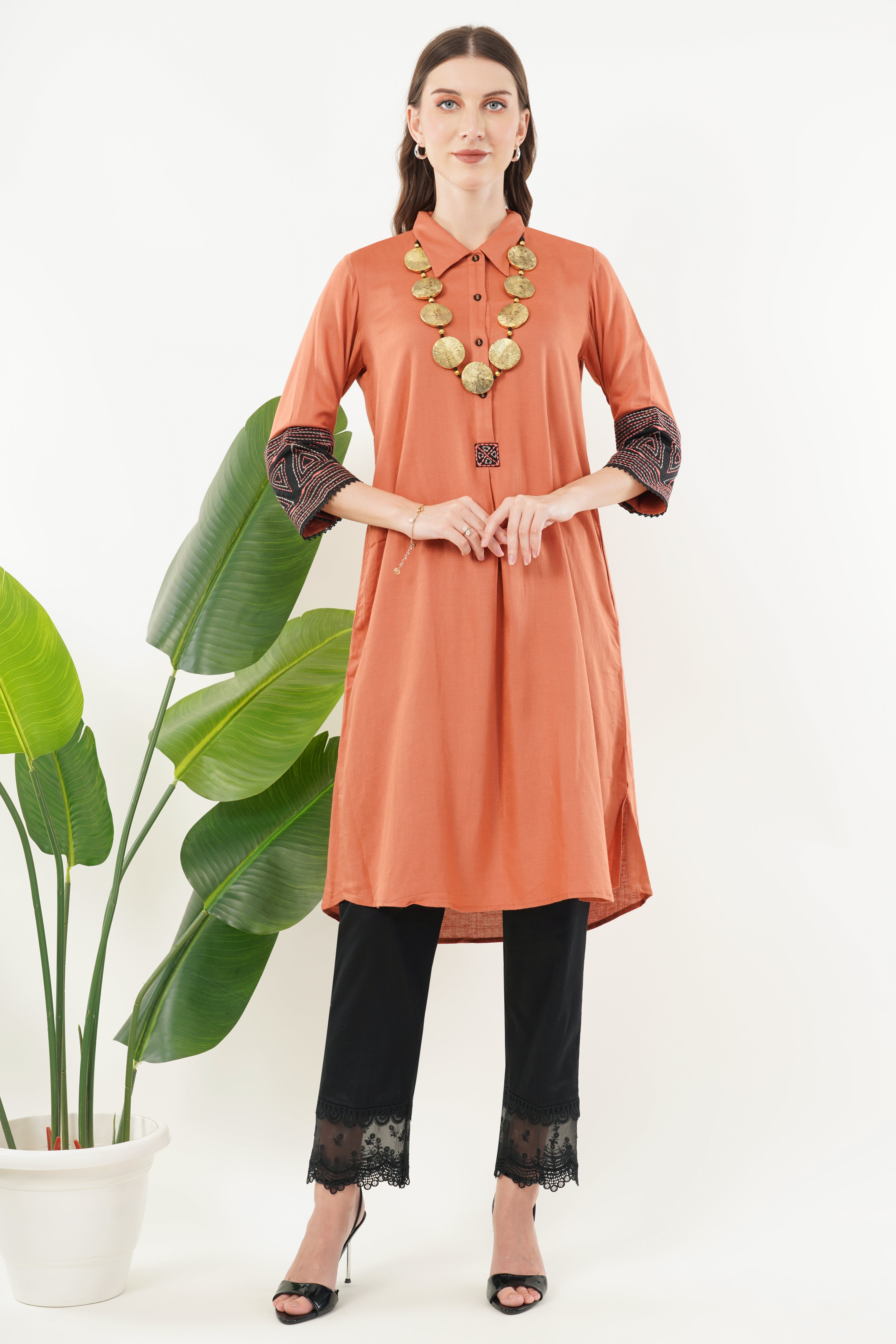 Rust Viscose Linen Kurta